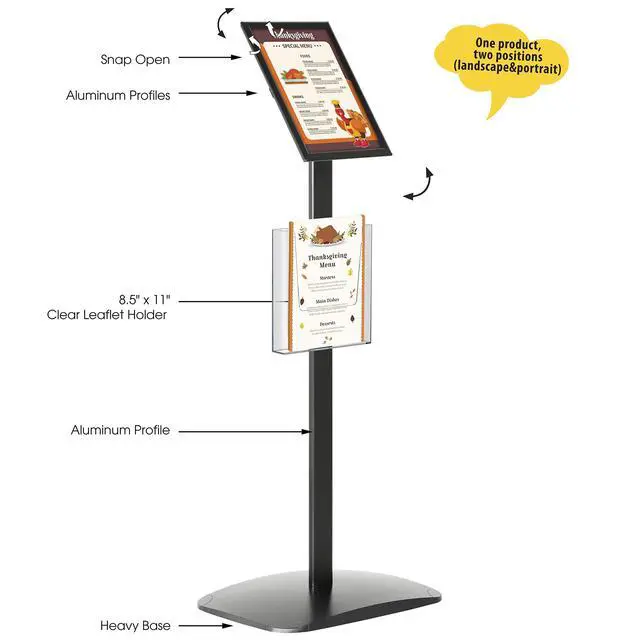 Alt view image 2 of 7 - Decorative Sign Holder, Pedestal Sign Holder with 8.5x11 Inch Brochure Holder, Floor Standing, Aluminum, Front Loading, Easy Open, Poster, Advertisement Post (Black, Frame - 8.5x11 inch)