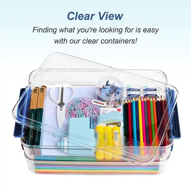 Alt view image 4 of 7 - 16-Pack 9x13 Shallow Flat Clear Plastic Storage Boxes | 5.5Qt stackable cases with lids, snap-tight latch container for paper, A4 files, documents, scrapbook, craft, art supplies