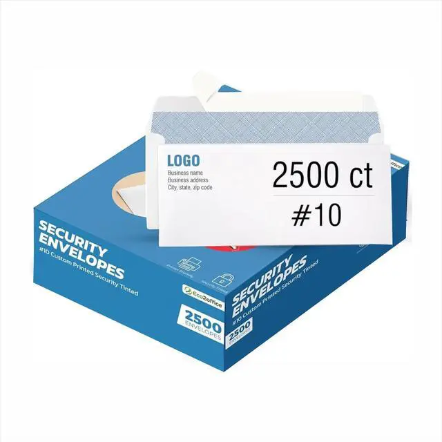 Main image of 2500#10 Custom Printed Security Tinted Envelopes Letter Size Self Seal, Windowless Mailing Envelopes, Personalized with Logo and Address, Size 4-1/8 X 9-1/2", 24 LB Plain White