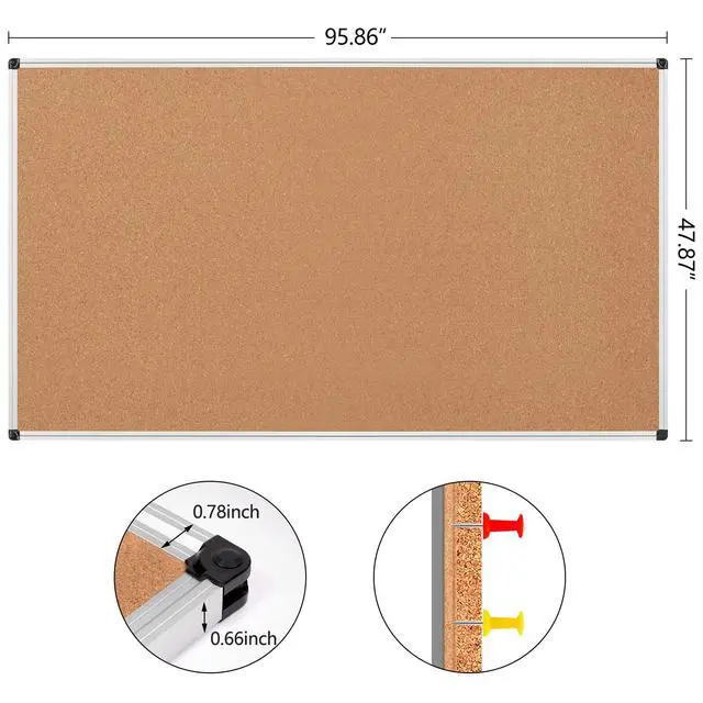 Alt view image 5 of 7 - Large Cork Bulletin Board 96" X 48", Silver Aluminum Framed Corkboard for Wall, Wall Mounted Notice Pin Board with Push Pins for School, Home & Office - 7' x 4' Corkboard