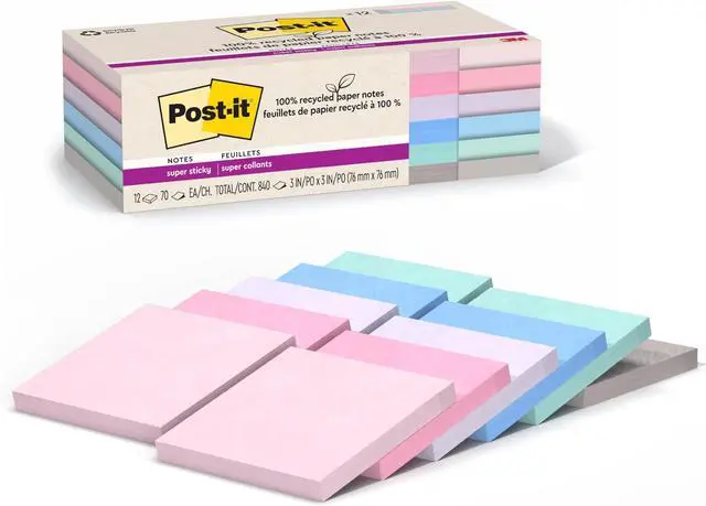 Main image of 100% Recycled Paper Super Sticky Notes, 3 in. x 3 in., 12 Pads, 70 Sheets per Pad, Wanderlust Pastels, School Supplies and Office Products (Pack of 12)