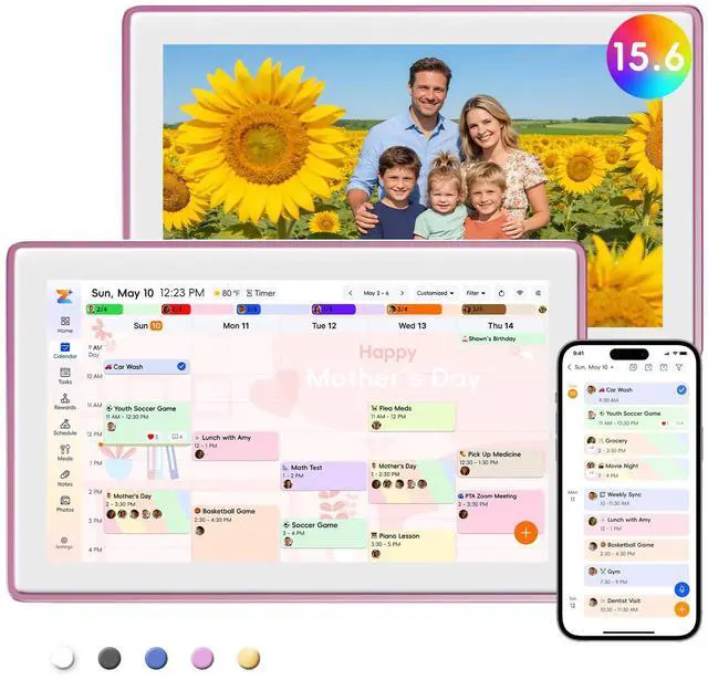 Main image of 15.6" Digital Calendar, No Subscription Smart Family Planner, Interactive Touchscreen Electronic Wall Calendar, Photo Display, Meals, Chore Chart & Tasks, Wall & Desk Mountable (Pink)