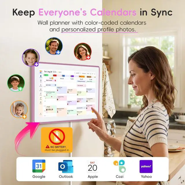 Alt view image 2 of 7 - 15.6" Digital Calendar, No Subscription Smart Family Planner, Interactive Touchscreen Electronic Wall Calendar, Photo Display, Meals, Chore Chart & Tasks, Wall & Desk Mountable (Pink)