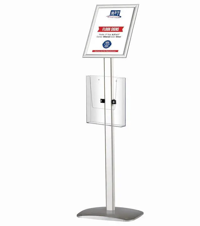 Main image of Decorative Sign Holder, Pedestal Sign Holder with 8.5x11 Inch Brochure Holder, Floor Standing, Aluminum, Front Loading, Easy Open, Poster, Advertisement Post (Silver, Frame - 8.5x11 inch)