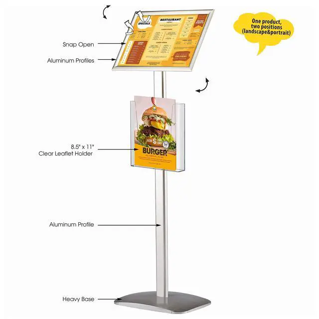 Alt view image 2 of 7 - Decorative Sign Holder, Pedestal Sign Holder with 8.5x11 Inch Brochure Holder, Floor Standing, Aluminum, Front Loading, Easy Open, Poster, Advertisement Post (Silver, Frame - 8.5x11 inch)