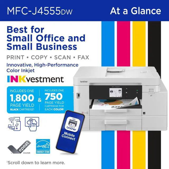 Alt view image 2 of 7 - INKvestment 4555 Wireless Color Inkjet All-in-One Printer with 2.7 Color Touchscreen and 2 Paper Trays | Includes Refresh Subscription Trial(1) (MFC-J4555DW)