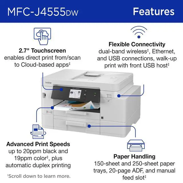 Alt view image 3 of 7 - INKvestment 4555 Wireless Color Inkjet All-in-One Printer with 2.7 Color Touchscreen and 2 Paper Trays | Includes Refresh Subscription Trial(1) (MFC-J4555DW)
