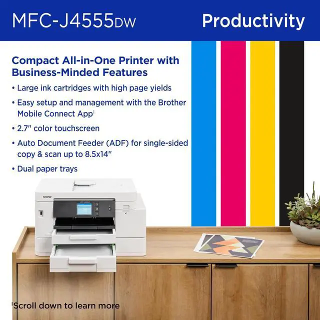 Alt view image 5 of 7 - INKvestment 4555 Wireless Color Inkjet All-in-One Printer with 2.7 Color Touchscreen and 2 Paper Trays | Includes Refresh Subscription Trial(1) (MFC-J4555DW)