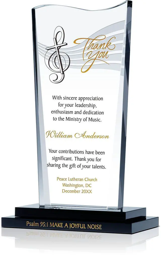 Main image of Personalized Crystal Church Musician Retirement Appreciation Gift Plaque Customized with Church and Musician's Name, Unique Farewell Gift for Music Minister, Choir Director, Organist, Pianist (L - 9")