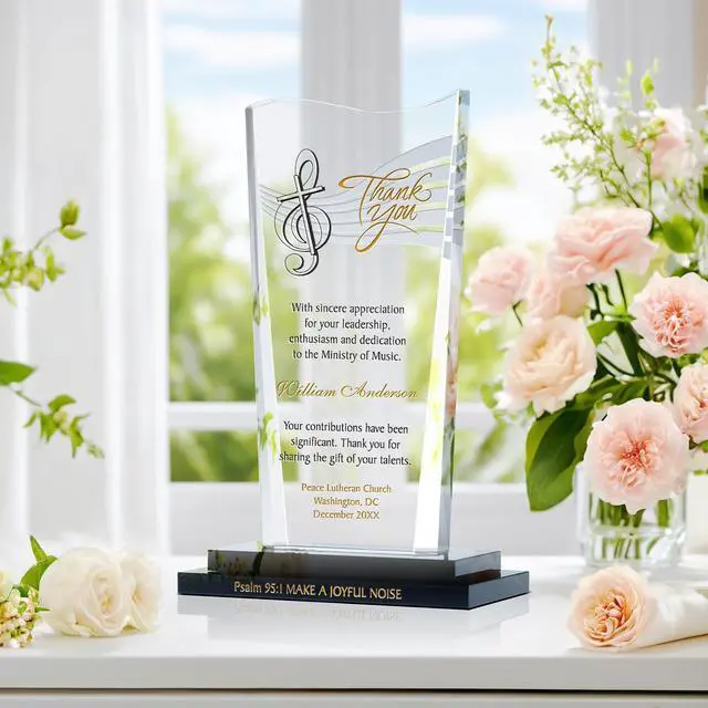Alt view image 2 of 7 - Personalized Crystal Church Musician Retirement Appreciation Gift Plaque Customized with Church and Musician's Name, Unique Farewell Gift for Music Minister, Choir Director, Organist, Pianist (L - 9")