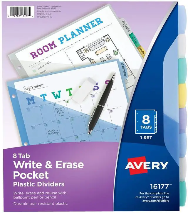 Main image of Write & Erase Pocket Plastic Dividers for 3 Ring Binders, 8-Tab Sets, Multicolor, Tabs Viewable Beyond Sheet Protectors, 24 Sets (16177)