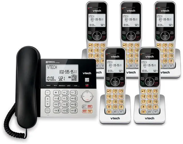 Main image of VG208-5 DECT 6.0 5-Handset Corded/Cordless Phone System | Answering Machine, Call Blocking, Caller ID, Large Backlit Display, Silver/Black