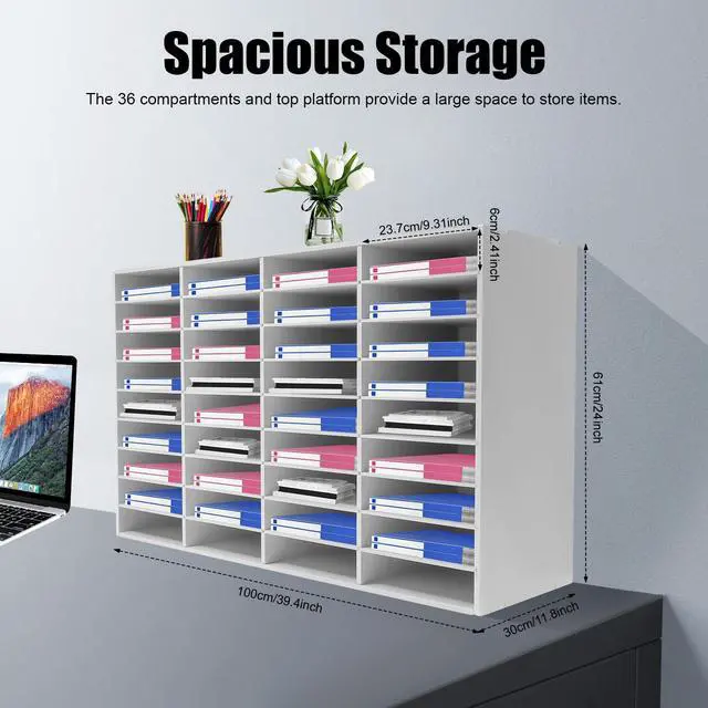 Alt view image 3 of 7 - 36 Compartment Literature Organizer, Mailboxes Slot with Removable Shelves, Adjustable Desktop File Sorters PVC Paper Storage Cabinet for Office Home Classroom, White