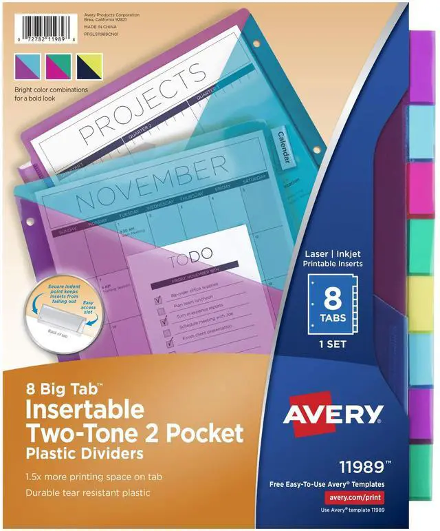 Main image of Big Tab Insertable Plastic 2 Pocket Dividers for 3 Ring Binders, 8 Tab Set, Bright Two-Tone Multicolor, Works with Sheet Protectors, 1 Set (11989), Pack of 24