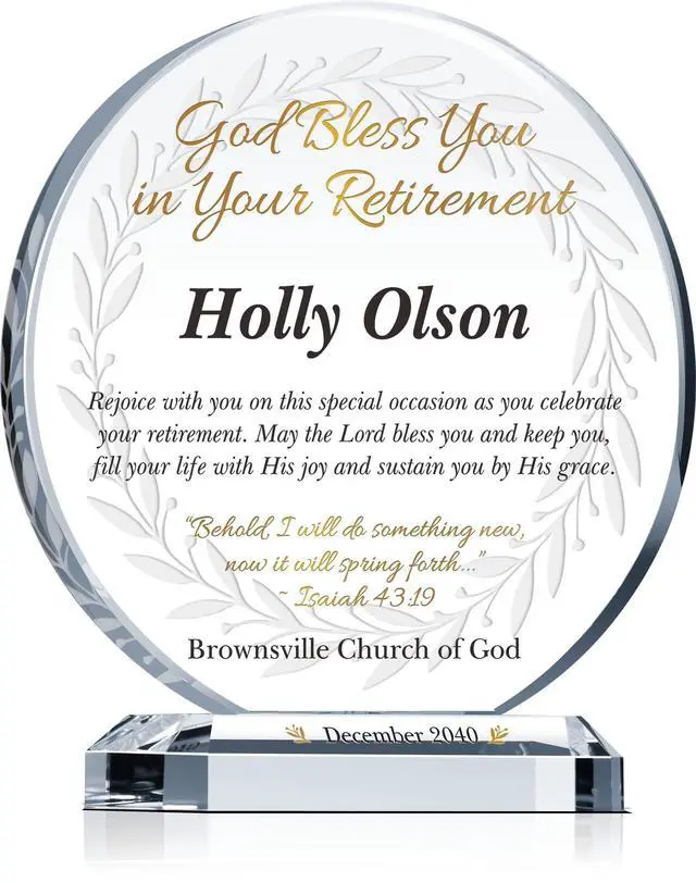 Main image of Custom Religious Retirement Gift for Pastor, Elder, Church Member, Co-worker, Friends, Customized with recipient Name, Unique Crystal Religion Departing, Farwell, Retirement Gift Plaque (XL - 10")