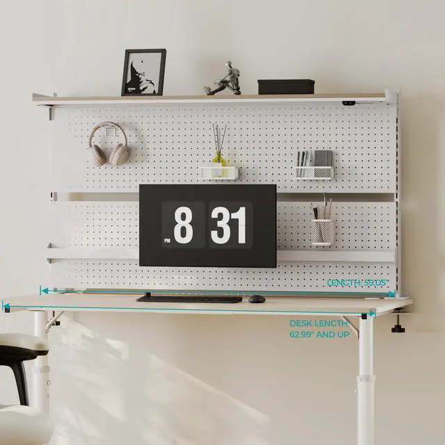 Alt view image 2 of 7 - Desk Pegboard with Dual Monitor Stands, LED Metal Pegboard for Gaming Desk, Privacy Panel with 4 Accessories Modular Hanging, Computer Accessories for Office, 59 x 34 Inch, White