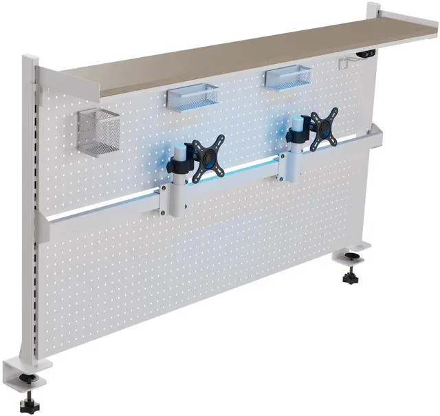 Main image of Desk Pegboard with Dual Monitor Stands, LED Metal Pegboard for Gaming Desk, Privacy Panel with 4 Accessories Modular Hanging, Computer Accessories for Office, 59 x 34 Inch, White