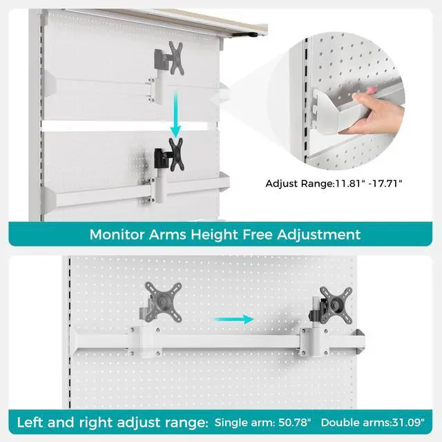 Alt view image 4 of 7 - Desk Pegboard with Dual Monitor Stands, LED Metal Pegboard for Gaming Desk, Privacy Panel with 4 Accessories Modular Hanging, Computer Accessories for Office, 59 x 34 Inch, White