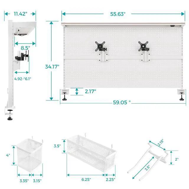 Alt view image 3 of 7 - Desk Pegboard with Dual Monitor Stands, LED Metal Pegboard for Gaming Desk, Privacy Panel with 4 Accessories Modular Hanging, Computer Accessories for Office, 59 x 34 Inch, White