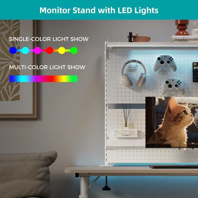 Alt view image 6 of 7 - Desk Pegboard with Dual Monitor Stands, LED Metal Pegboard for Gaming Desk, Privacy Panel with 4 Accessories Modular Hanging, Computer Accessories for Office, 59 x 34 Inch, White