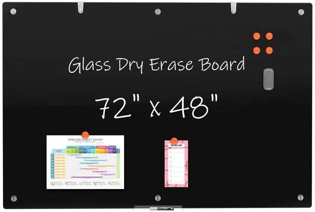 Main image of Large Black Glass Dry Erase Board, 72 x 48 Inches Magnetic Glass whiteboard,6' x 4' Frameless Blackboard for Office,Home,School