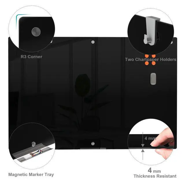 Alt view image 2 of 7 - Large Black Glass Dry Erase Board, 72 x 48 Inches Magnetic Glass whiteboard,6' x 4' Frameless Blackboard for Office,Home,School