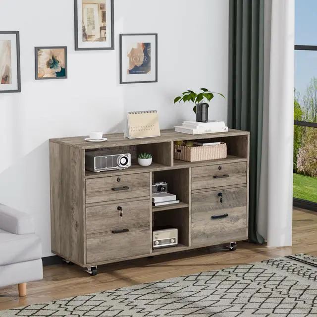 Alt view image 2 of 7 - Wide 4 Drawer File Cabinet with Lock, Rustic Grey Rolling File Cabinet with Open Shelves, Lockable Printer Stand, Letter Sized