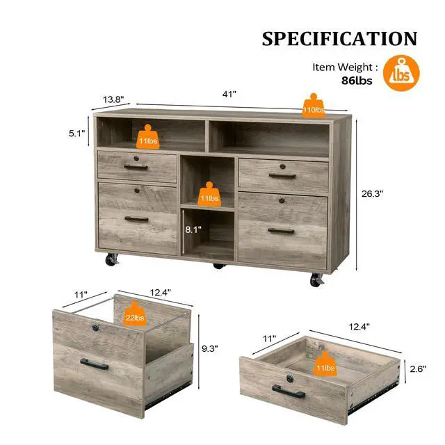 Alt view image 3 of 7 - Wide 4 Drawer File Cabinet with Lock, Rustic Grey Rolling File Cabinet with Open Shelves, Lockable Printer Stand, Letter Sized