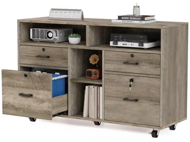 Main image of Wide 4 Drawer File Cabinet with Lock, Rustic Grey Rolling File Cabinet with Open Shelves, Lockable Printer Stand, Letter Sized