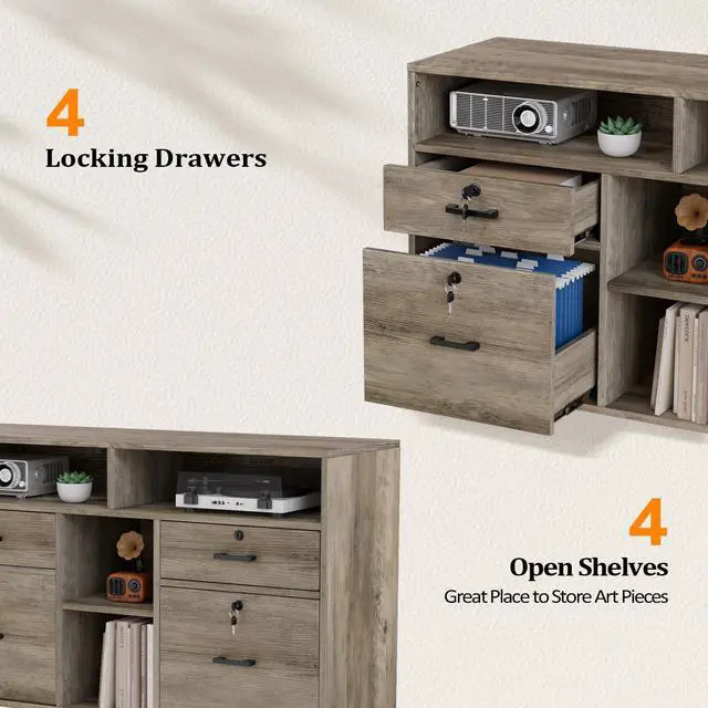 Alt view image 4 of 7 - Wide 4 Drawer File Cabinet with Lock, Rustic Grey Rolling File Cabinet with Open Shelves, Lockable Printer Stand, Letter Sized