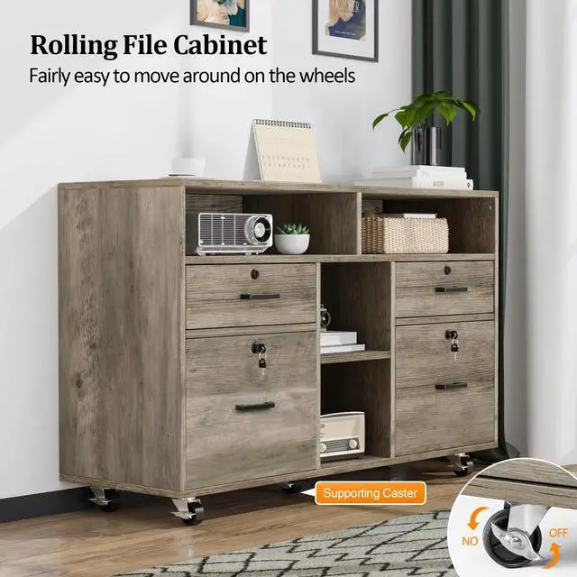 Alt view image 6 of 7 - Wide 4 Drawer File Cabinet with Lock, Rustic Grey Rolling File Cabinet with Open Shelves, Lockable Printer Stand, Letter Sized
