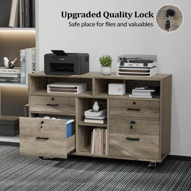 Alt view image 5 of 7 - Wide 4 Drawer File Cabinet with Lock, Rustic Grey Rolling File Cabinet with Open Shelves, Lockable Printer Stand, Letter Sized