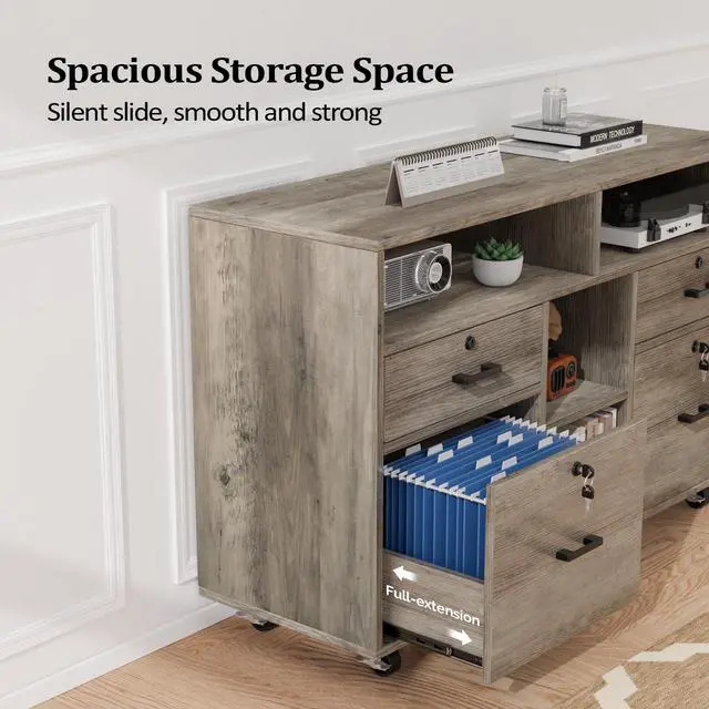 Alt view image 7 of 7 - Wide 4 Drawer File Cabinet with Lock, Rustic Grey Rolling File Cabinet with Open Shelves, Lockable Printer Stand, Letter Sized