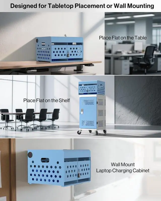 Alt view image 6 of 7 - 16-Unit Charging Cabinet for Laptops & Tablets with Cable Management | Wall-Mount Metal Charging Station for Chromebooks, iPads Lockable Storage Box for Schools & Offices, Grounding Protection