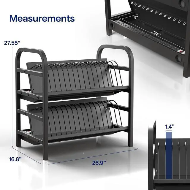 Alt view image 3 of 7 - 32-Bay Laptop and Tablet Open Charging Station, Multi Device Charging Organizer, Chromebook Charging Station for Classroom, Devices up to 14 inches, Black, STAND-LAPC32