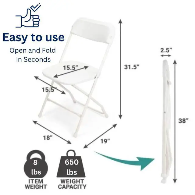Alt view image 3 of 7 - White Folding Chairs 10-Pack,Portable Events Chairs, Plastic Folding Chair, Stylish 650 lb Capacity for Party, School and Church