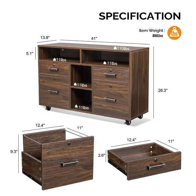 Alt view image 3 of 7 - Dark Brown Wood Lateral File Cabinet with Lock, 4 Drawer & 4 Open Shelves, Rolling File Cabinet for Home Office, Letter Sized