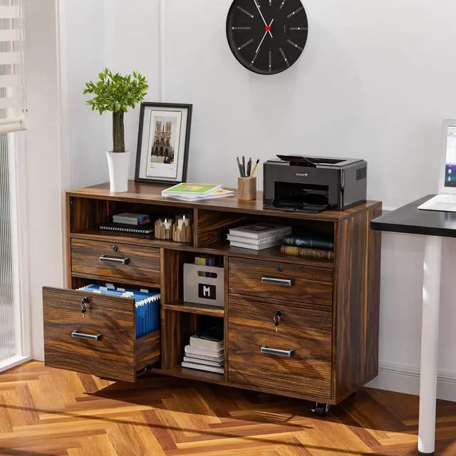 Alt view image 2 of 7 - Dark Brown Wood Lateral File Cabinet with Lock, 4 Drawer & 4 Open Shelves, Rolling File Cabinet for Home Office, Letter Sized