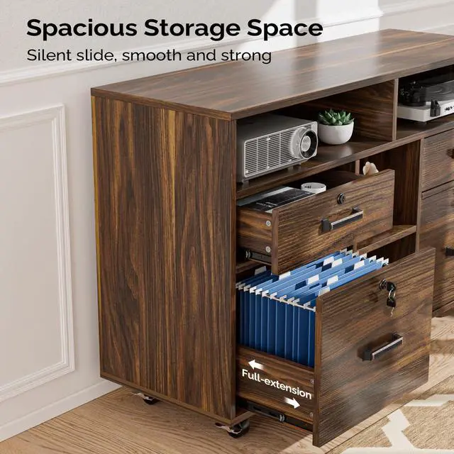 Alt view image 4 of 7 - Dark Brown Wood Lateral File Cabinet with Lock, 4 Drawer & 4 Open Shelves, Rolling File Cabinet for Home Office, Letter Sized