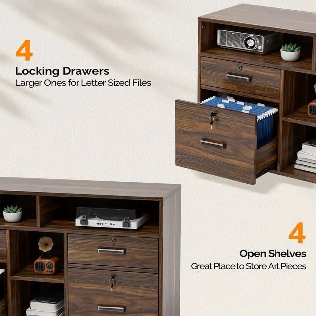 Alt view image 5 of 7 - Dark Brown Wood Lateral File Cabinet with Lock, 4 Drawer & 4 Open Shelves, Rolling File Cabinet for Home Office, Letter Sized
