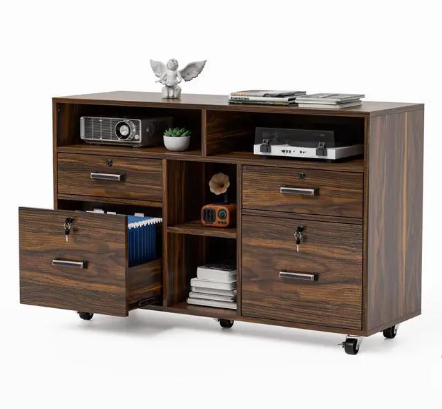 Main image of Dark Brown Wood Lateral File Cabinet with Lock, 4 Drawer & 4 Open Shelves, Rolling File Cabinet for Home Office, Letter Sized
