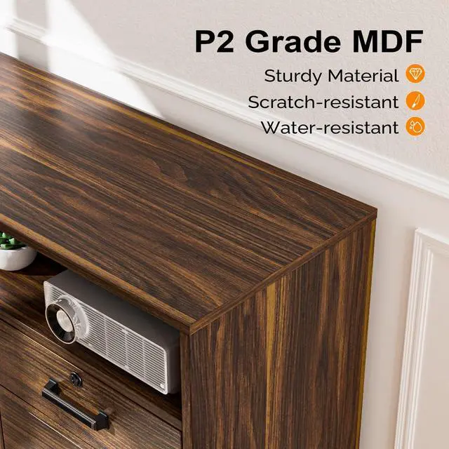Alt view image 7 of 7 - Dark Brown Wood Lateral File Cabinet with Lock, 4 Drawer & 4 Open Shelves, Rolling File Cabinet for Home Office, Letter Sized