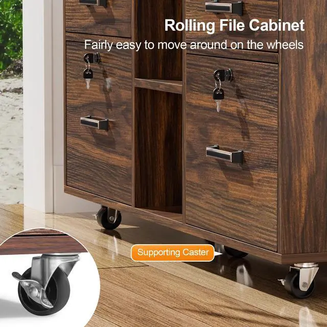 Alt view image 6 of 7 - Dark Brown Wood Lateral File Cabinet with Lock, 4 Drawer & 4 Open Shelves, Rolling File Cabinet for Home Office, Letter Sized