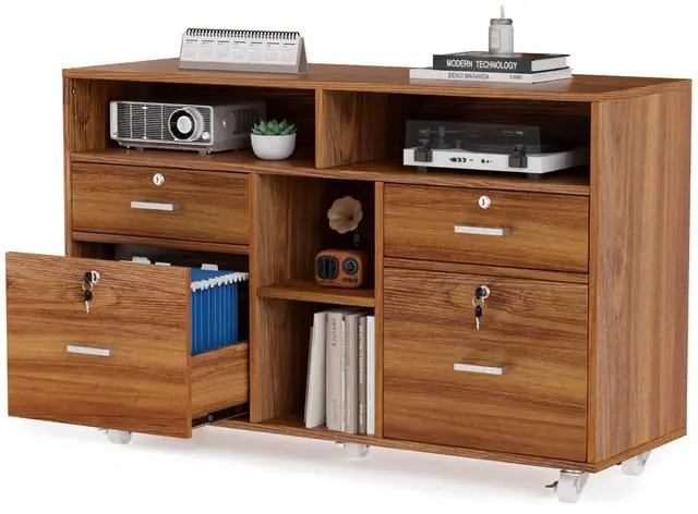 Main image of Wide 4 Drawer Lockable Rolling File Cabinet with Open Shelves - Walnut Wood Lateral File Cabinet Printer Stand for Home Office, Letter Sized