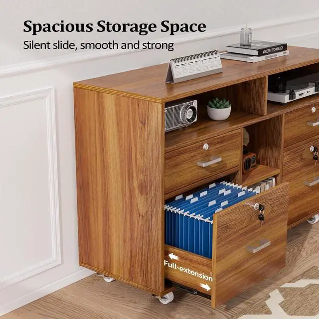Alt view image 4 of 7 - Wide 4 Drawer Lockable Rolling File Cabinet with Open Shelves - Walnut Wood Lateral File Cabinet Printer Stand for Home Office, Letter Sized