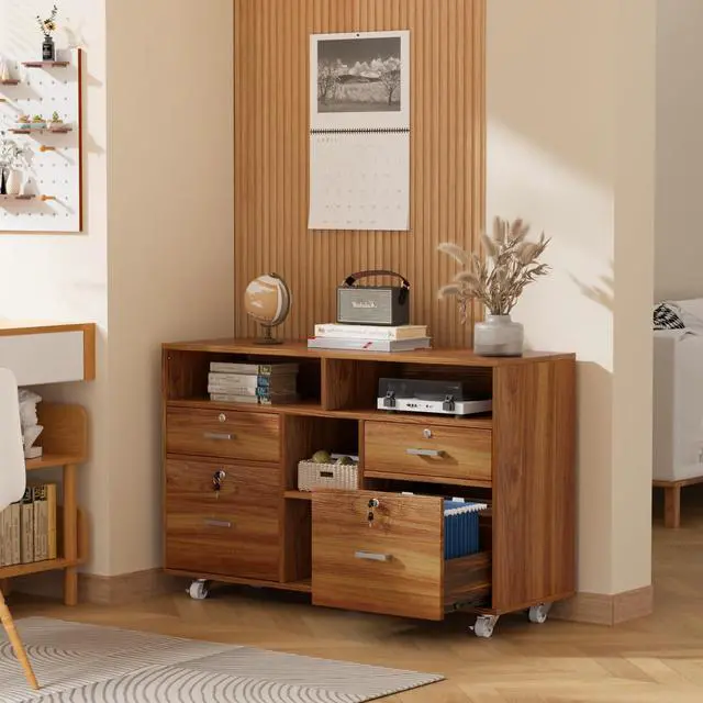 Alt view image 2 of 7 - Wide 4 Drawer Lockable Rolling File Cabinet with Open Shelves - Walnut Wood Lateral File Cabinet Printer Stand for Home Office, Letter Sized