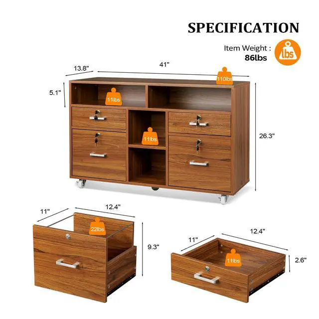 Alt view image 3 of 7 - Wide 4 Drawer Lockable Rolling File Cabinet with Open Shelves - Walnut Wood Lateral File Cabinet Printer Stand for Home Office, Letter Sized