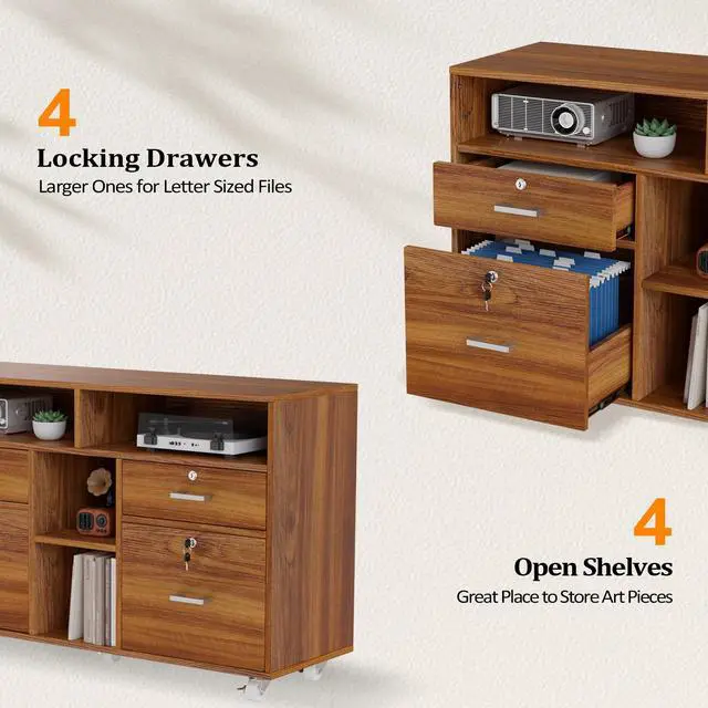 Alt view image 6 of 7 - Wide 4 Drawer Lockable Rolling File Cabinet with Open Shelves - Walnut Wood Lateral File Cabinet Printer Stand for Home Office, Letter Sized