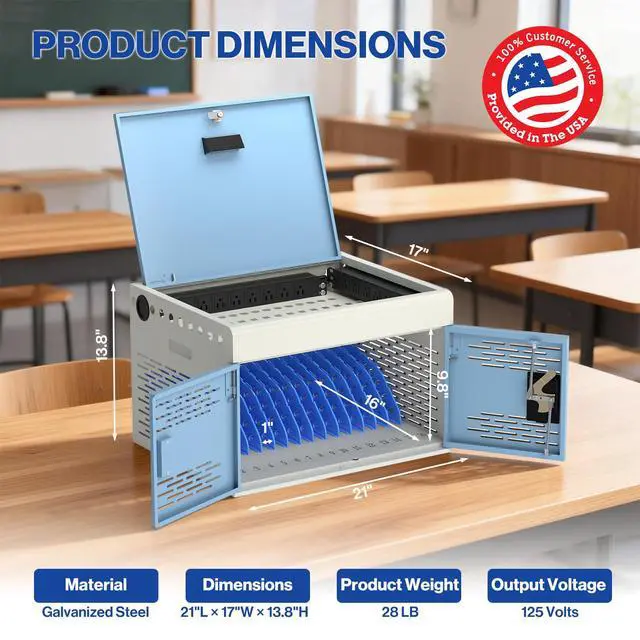 Alt view image 2 of 7 - 16-Unit Charging Cabinet for Laptops & Tablets | Locking Laptop Storage Box with Cable Management, and Ground Protection for Classroom, Library, and Office, Blue