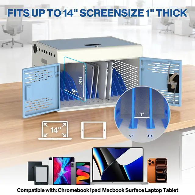 Alt view image 5 of 7 - 16-Unit Charging Cabinet for Laptops & Tablets | Locking Laptop Storage Box with Cable Management, and Ground Protection for Classroom, Library, and Office, Blue